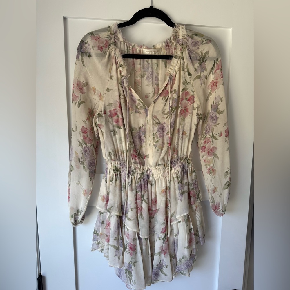 LoveShackFancy Floral Long Sleeve Dress - Cream, Pink, Purple